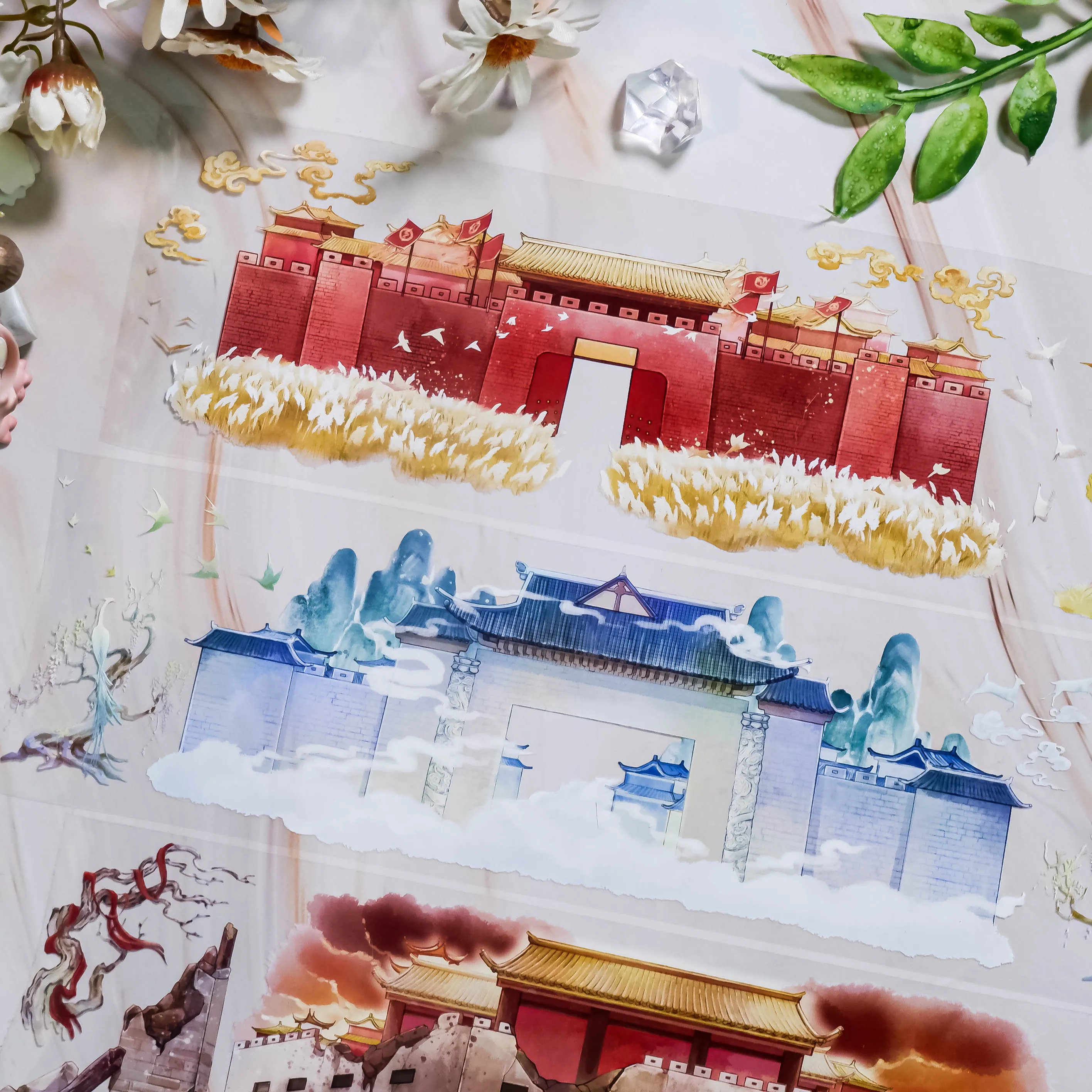 

5 м рулон Jiguang City, наземная клейкая лента, белые чернила для ПЭТ, ландшафтный дизайн, двор, городской военный коллаж, древний стиль, Guka