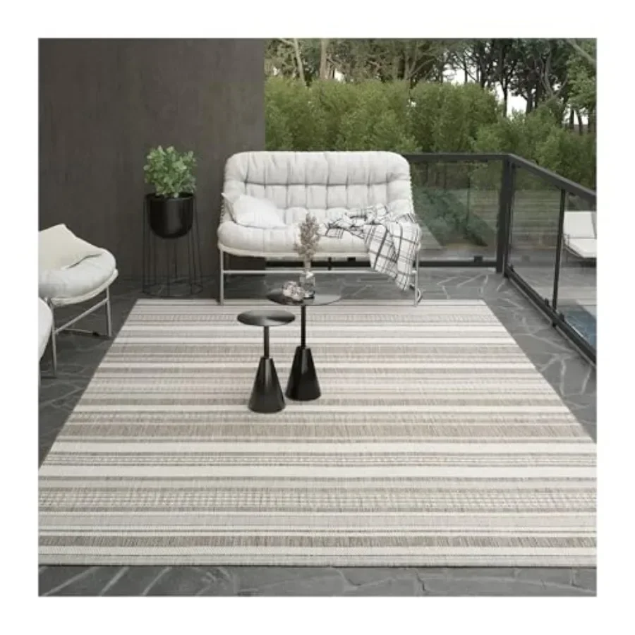 Recife Indoor Outdoor Rug - Gazebo Stripe Recle in Ivory and Taupe Low Pile Hose Washable Pet- Kid Friendly Home Decor for Livi