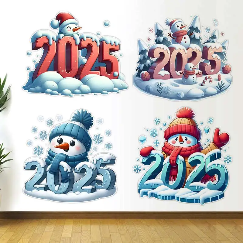 Year 2025 Christmas Snowman Wall Sticker Kids Room Decor Bathroom Toilet Living Room Decor Cabinet Refrigerator Home Decor M1106