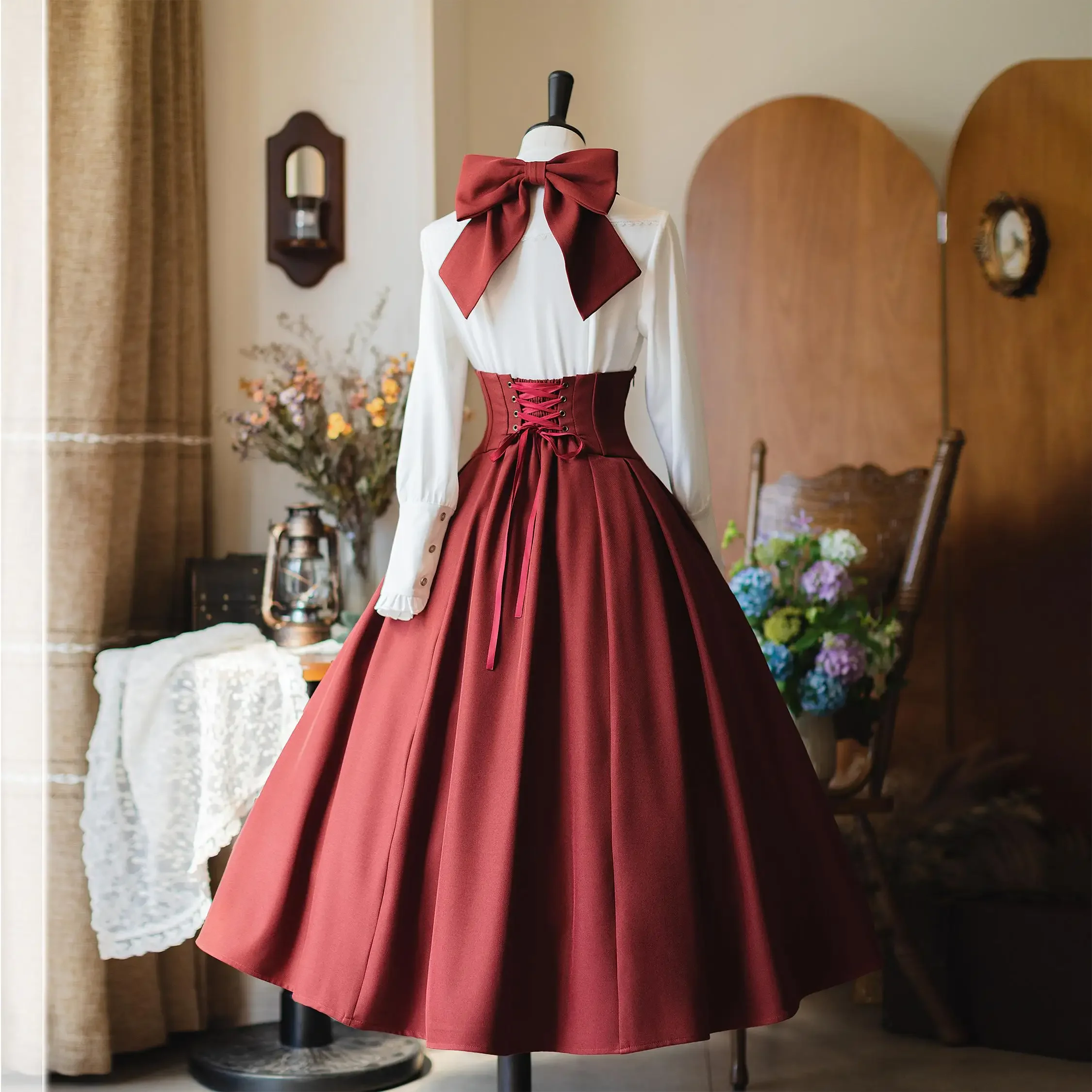 Vestido Original Vintage elegante con cuello de Lolita, vestidos largos ajustados de cintura alta para mujer, camisa de manga larga para primavera y otoño