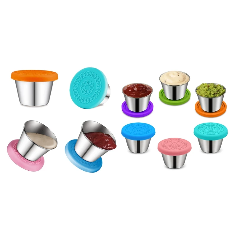 2.4Oz Small Condiment Containers, Salad Dressing Container, Stainless Steel Sauce Container With Silicone Lids