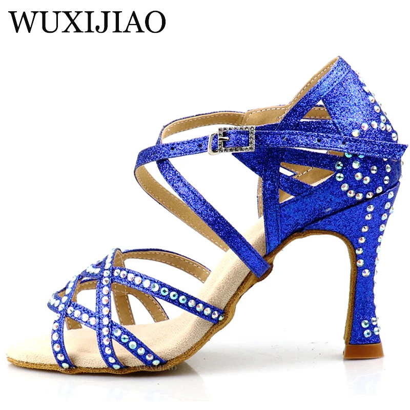WUXIJIAO 핫 블루 퍼플 플래시 원단 여성용 라틴 댄스 슈즈, 볼룸 댄스 슈즈, 파티 스퀘어 댄스 슈즈, 소프트 힐, 7.5cm