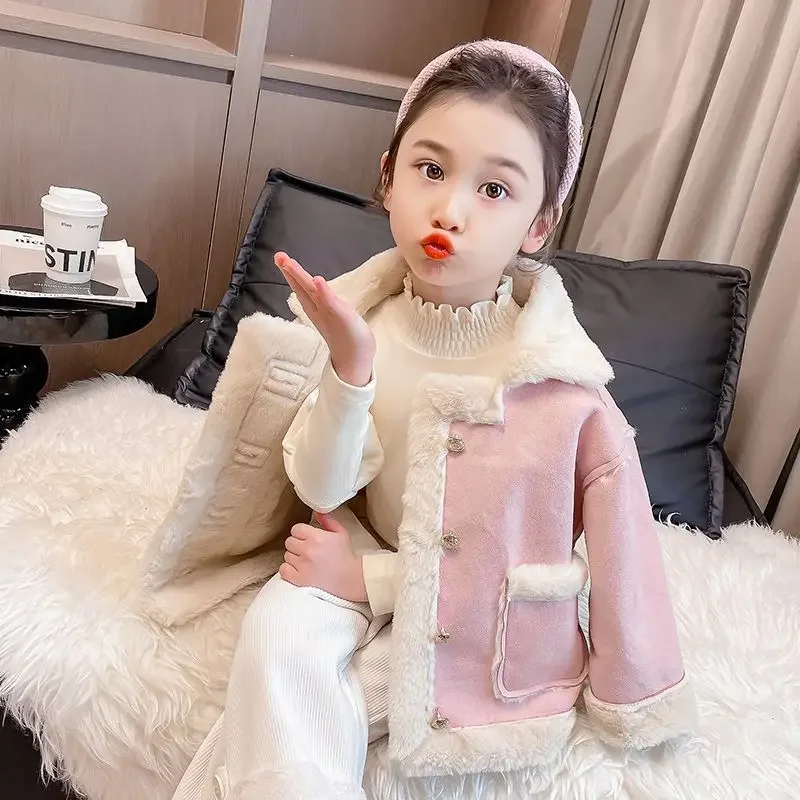 Girls Coat Fur One 2024 New Fleece Thickened Children Coat Foreign Style Baby Winter Simple Casual Coat Korean Simple Style