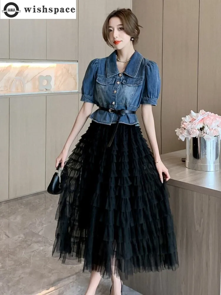 

Fashion and Casual Women's Set Summer Korean Version Bubble Sleeve Denim Top Small Fragrant Style Dress Two-piece Set