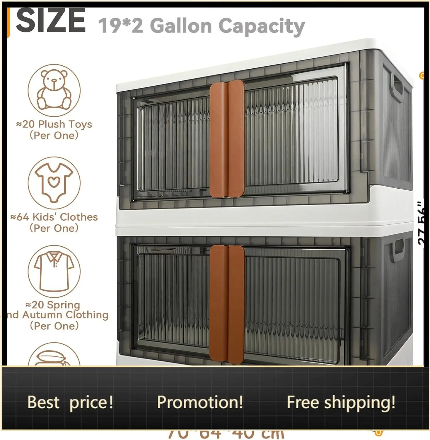 

Storage Bins, Cabinet with Lids, Extra Large Useful Box, 19 Gallons (72L) Capacity (Per One), 2 Packs, Collapsible, Transparent,