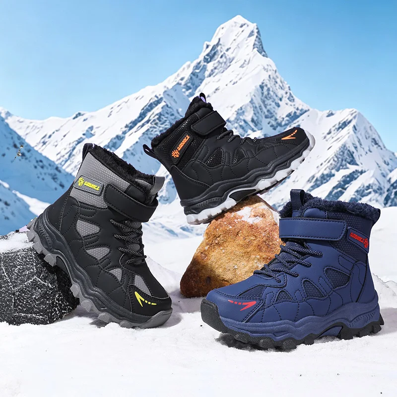 Fashion Kids Winter Snow Boots High Top Anti-Slip Warm Plush Lined Children Cotton Shoes Outdoor Hiking Boots Size 30-40