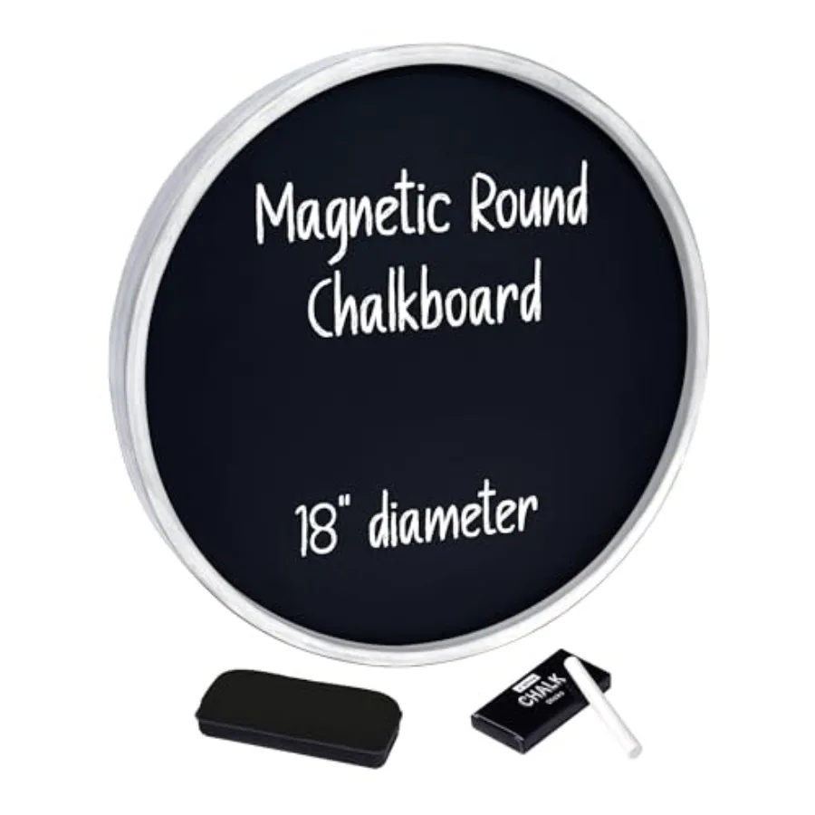 

Round Magnetic Chalkboard with Wooden Frame for Office and Home 18x18 Inch with Mounting Hardware 4-Piece Chalk Set and Eraser