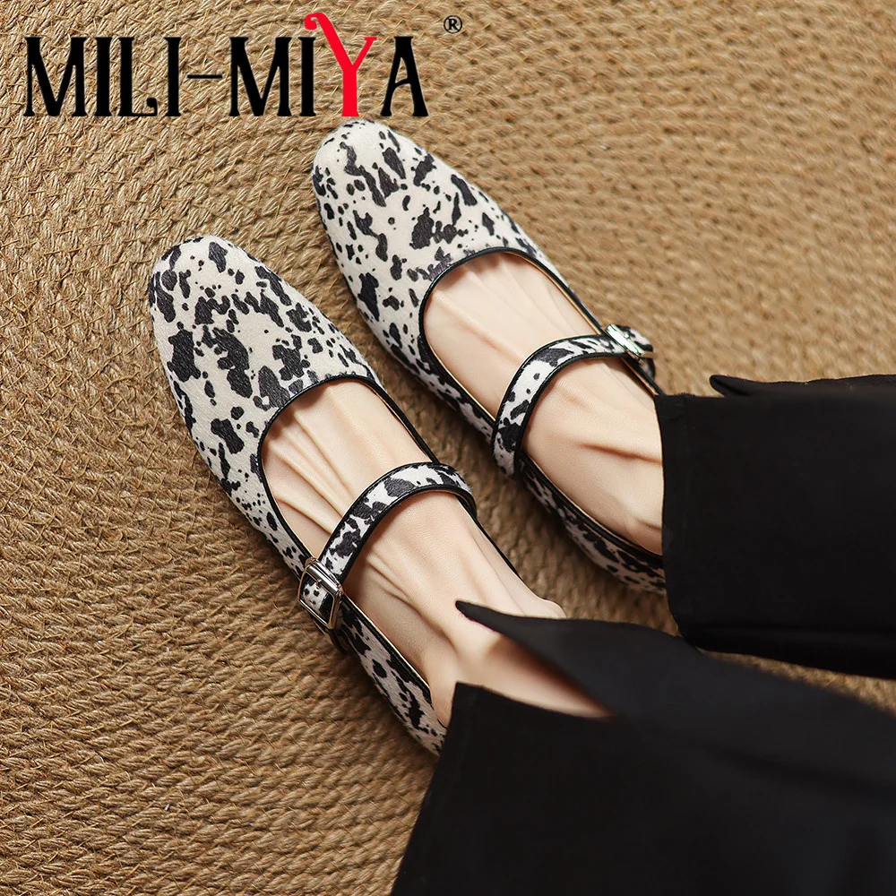 

MILI-MIYA Женские кожаные туфли на плоской подошве с глубоким вырезом и леопардовым принтом Мэри Джейн с одним ремешком и круглым носком, ультрамягкий конский волос, с одним ремешком