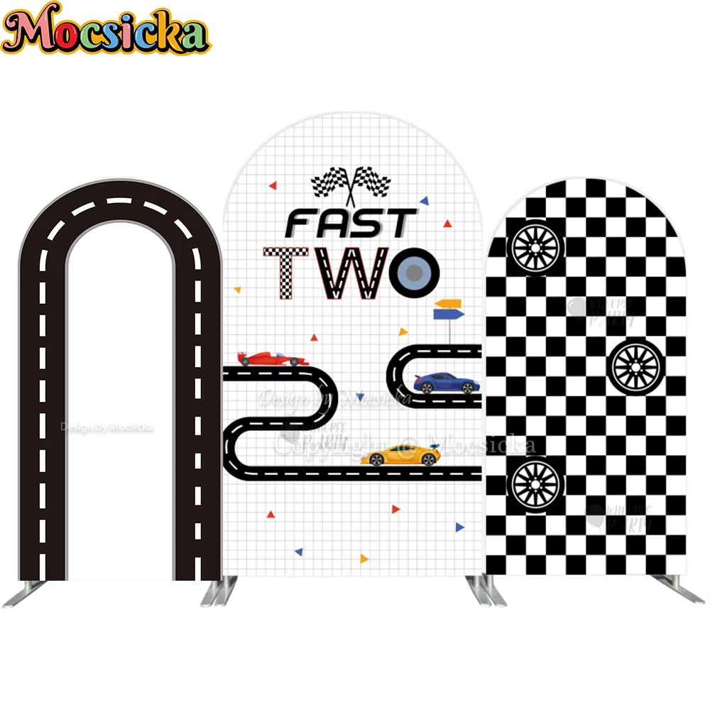 Mockika Fast Two Racing Boy عيد ميلاد لوحة مقوسة خلفية التصوير الفوتوغرافي أسود أبيض المسار عجلة خلفية ديكور طفل استوديو الصور