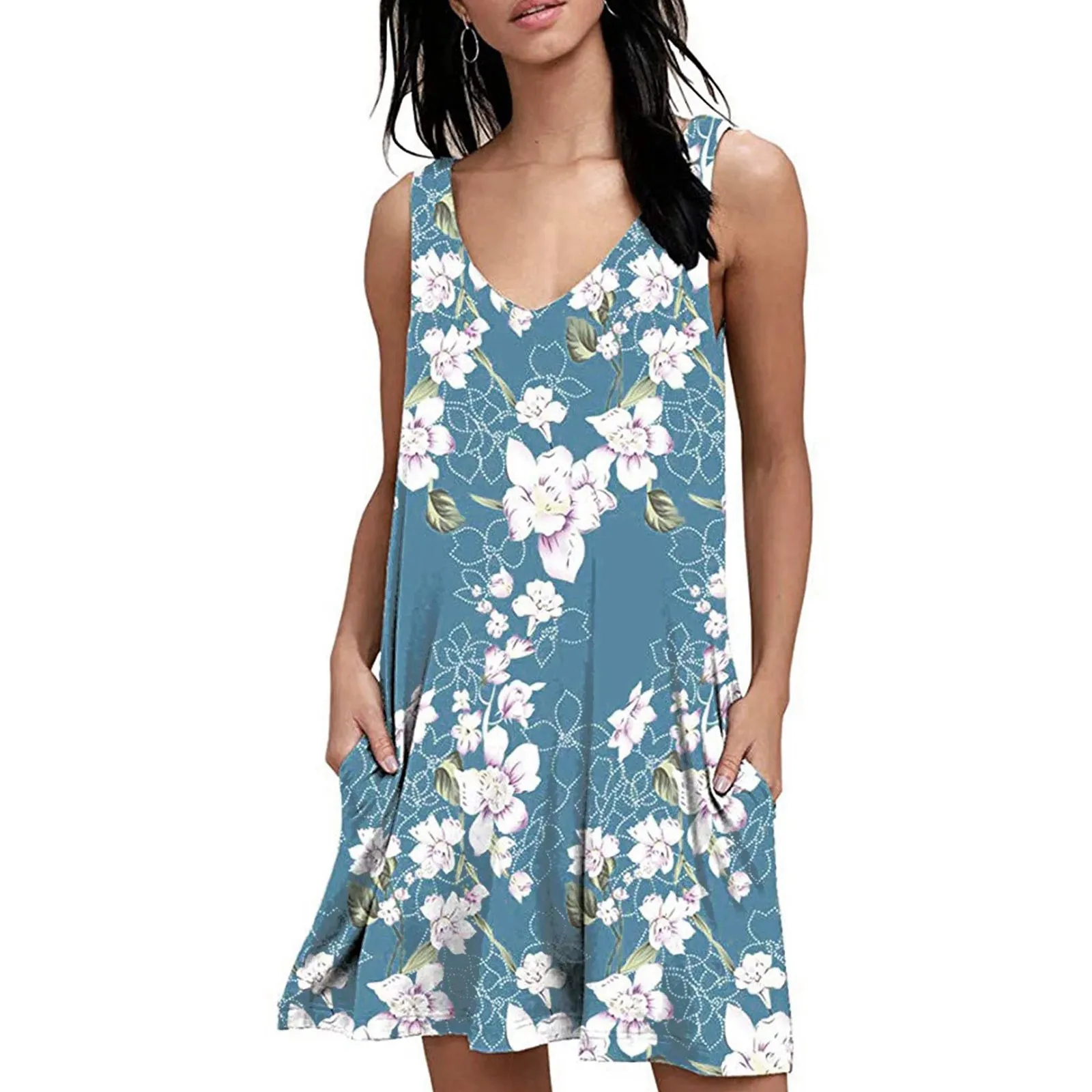 Vestido regado com estampa de flores feminino, ajuste solto, decote em v, mini vestido de férias, casual feminino boêmio vestido sem mangas, verão