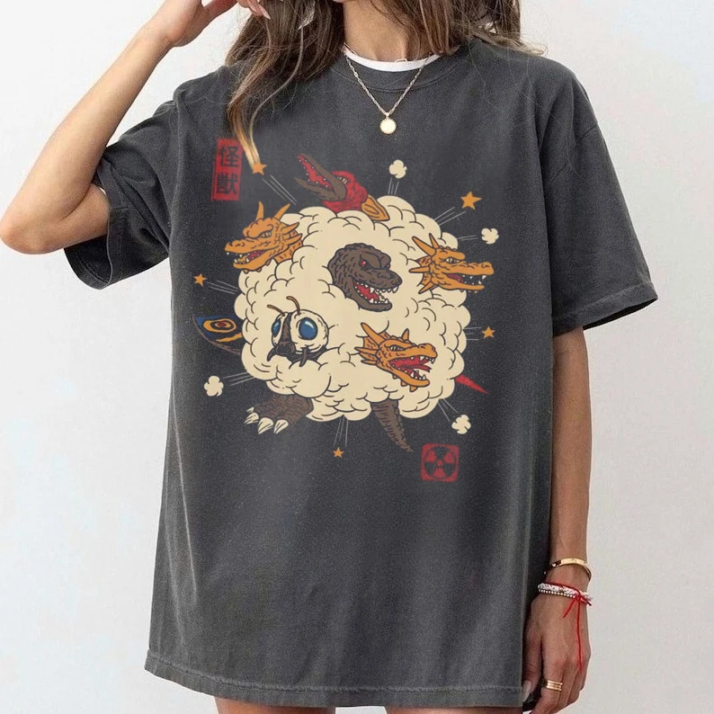 Godzilla Inspired Kaiju Monster Retro Graphic Print T-Shirt Men Women Cotton Oversized Couple Harajuku Casual Streetwear Tops - view 2