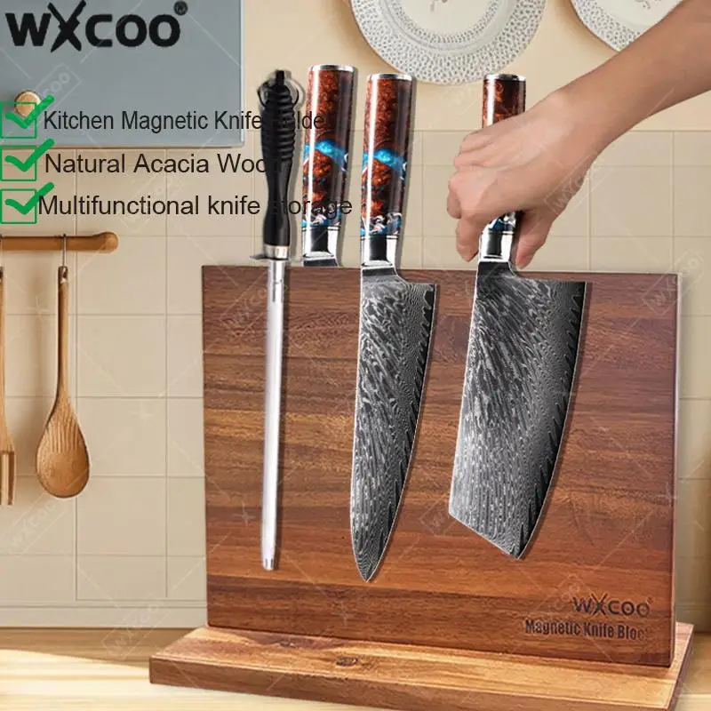 

Multifunctional Magnetic Knife Holder Enhanced Strong Kitchen Knife Block Acacia Wooden Storage with Home Magnetic Stands