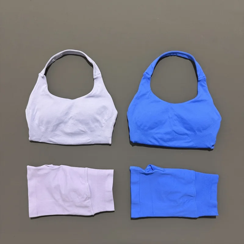 2 Peice Histello Sports Set Women Seamless Halter Top Longline Strappy Padded Scrunch Shorts Set Yoga Suit Gym Workout Sets image 5