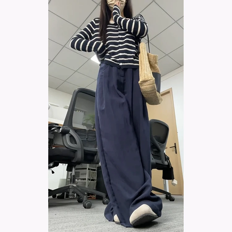 Casual losse damespakbroek hoge taille geplooide afslankende wijde pijpen Koreaanse Sle blauwe casual losse comfortabele broek