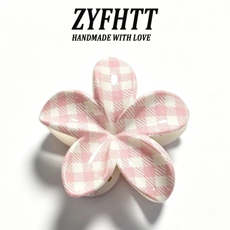 1/6 Stück ZYFHTT Kirschblüten-Karo-Druck Frangipani Haarklammern für Frauen Süße Niedliche Haifischklammer Modische Haarspange Haaraccessoire – Detail 9