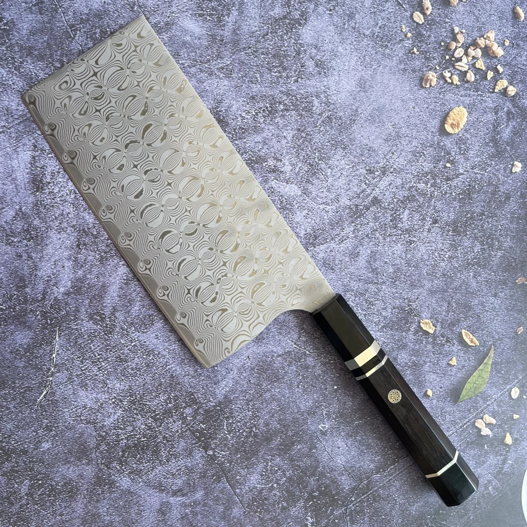 

RHON 7.5inch Cleaver Knife Damascus Steel Ebony Wooden Handle Chinese Kitchen Meat Slicing Utility Vegetable Cutting Chef Knives