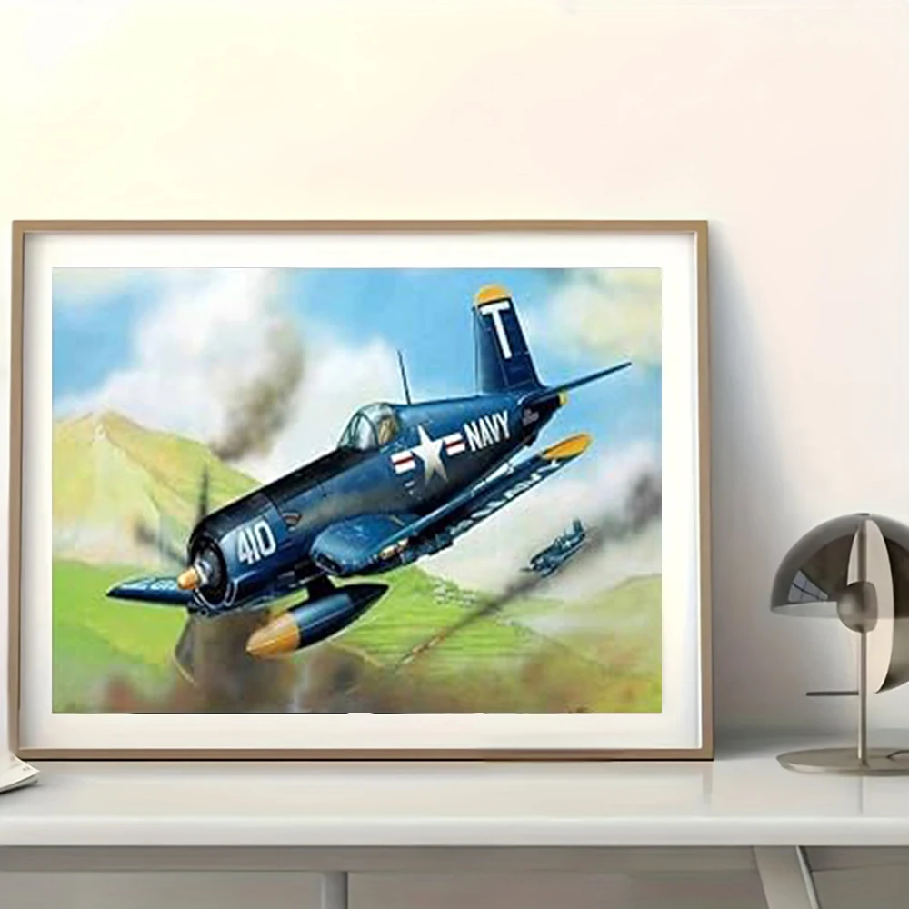 Juego de pintura de diamante DIY, hecho de patrón de avión retro, mosaico de diamantes redondo completo, regalo de decoración de pared del hogar