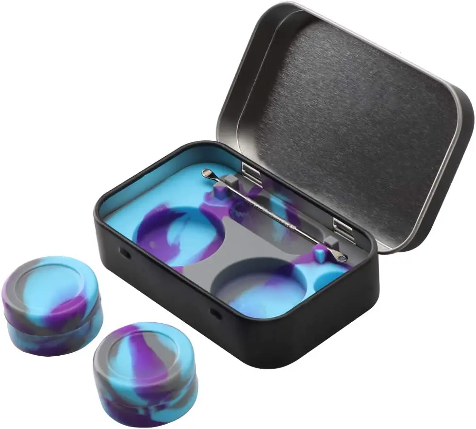 Portable Stainless Steel Tin Box 5ml Silicone Container Non-stick Storage Wax Carrying Case with Extra Stainless Steel Spoons