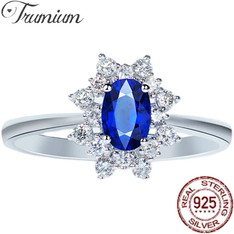 Trumium S925 Sterling Silver Oval Cut Blue Sapphire Rings for Women Halo Cubic Zirconia Vintage Wedding Party Statement Jewelry