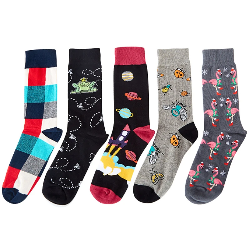 Fashion Combed Cotton Men Socks Casual Harajuku Cartoon UFO Cat Frog Flamingo Hip Hop Skateboard Crew Socks