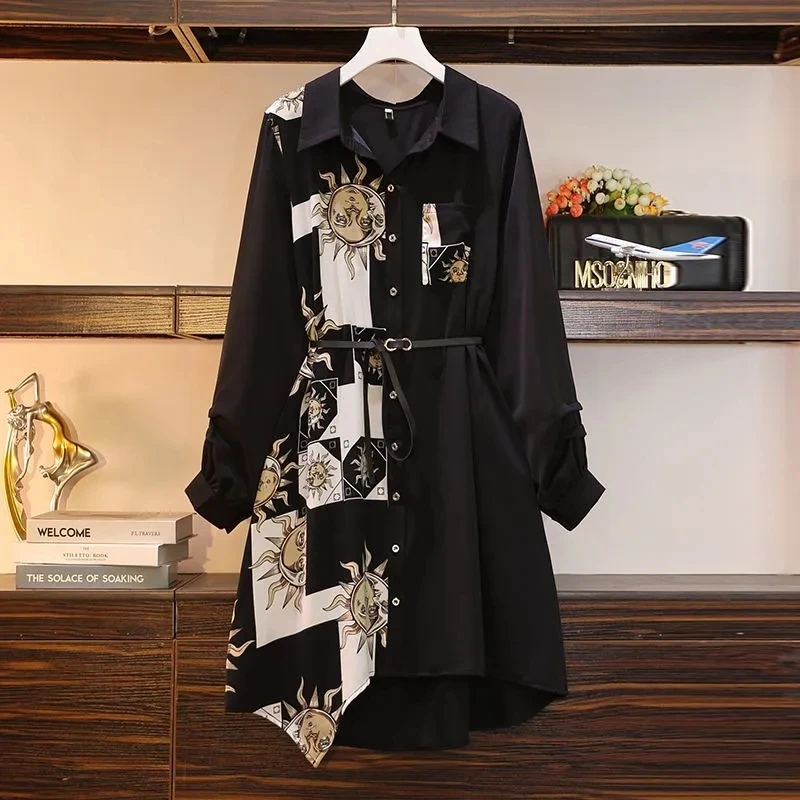 Vintage Print A-Line With Belt Loose Polo Neck Women's Dress Elegant Single-Breasted Knee Length Dresses For Women 2024 Spring