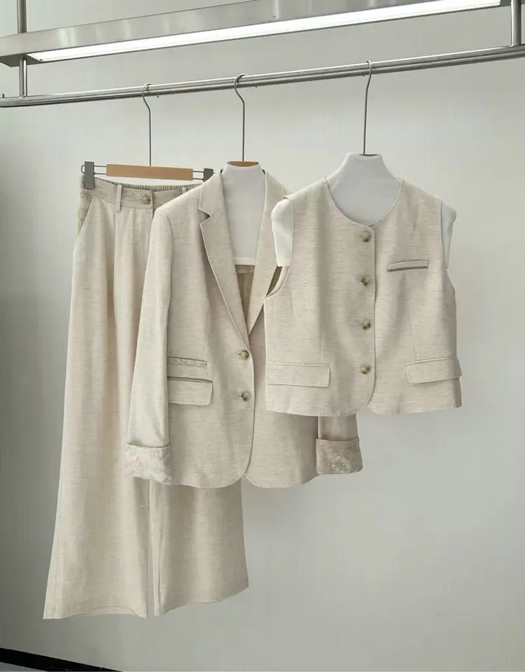Spring 2025 Women's Linen Blend Suit Beaded Single Breasted Jacket or O-Neck Sleeveless Vest or Elastic Waist Wide Leg Pants