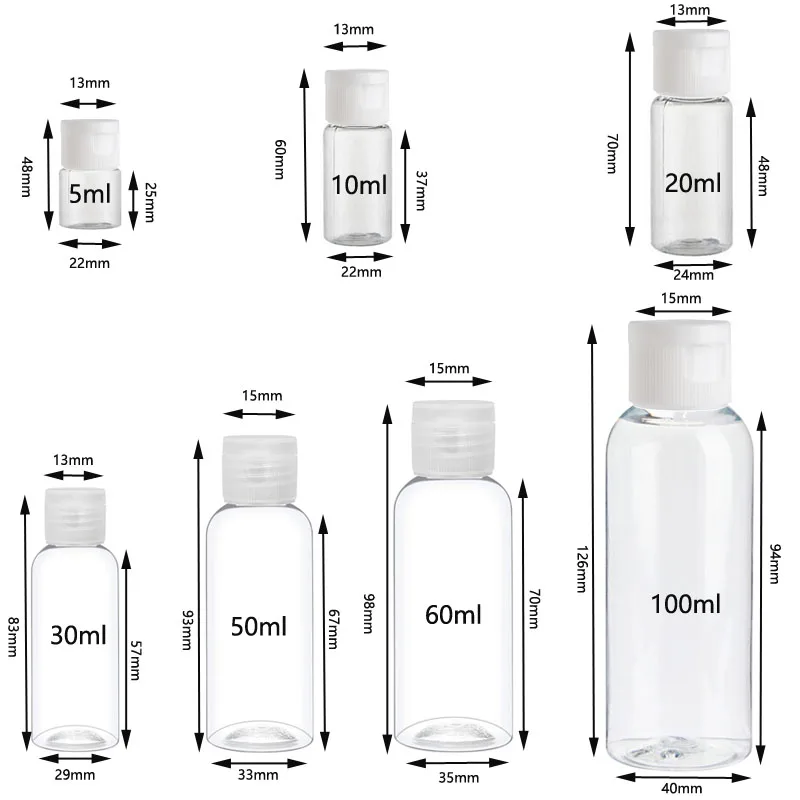 Garrafas plásticas recarregáveis de viagem, Flip Cap Recipientes para Loção Creme Cosméticos Líquidos, Vazio, Desinfetante para as mãos, 5ml-100ml, 10pcs por lote