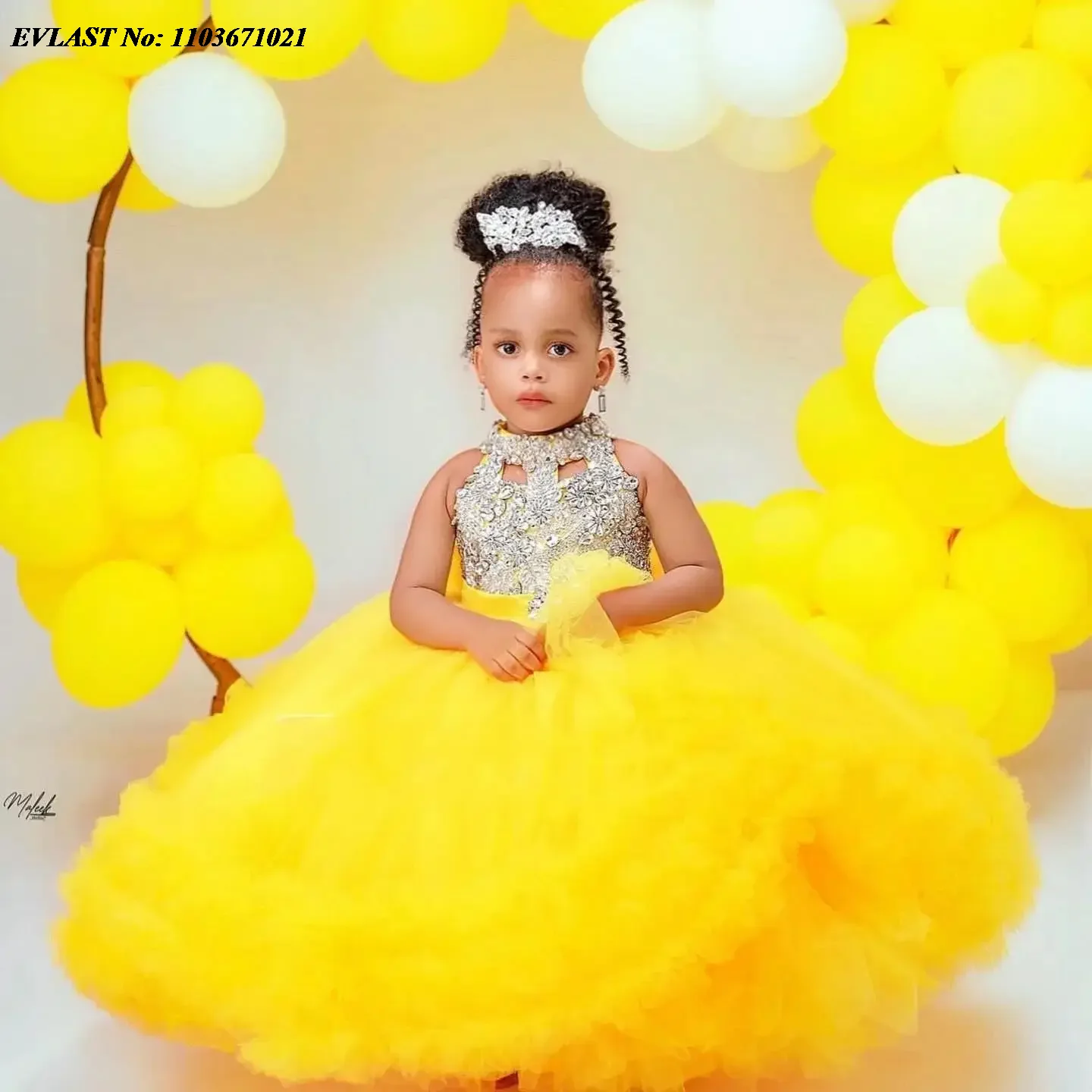 

EVLAST Customized Yellow Flower Girl Dress for Wedding Party Kids Birthday Dress Ruffles Beading Girls Gowns for Photoshoot FD68