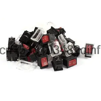 30 Pcs AC 125V/10A 250V/6A 2Pin SPST ON-OFF Rocker Switches Red w Cover