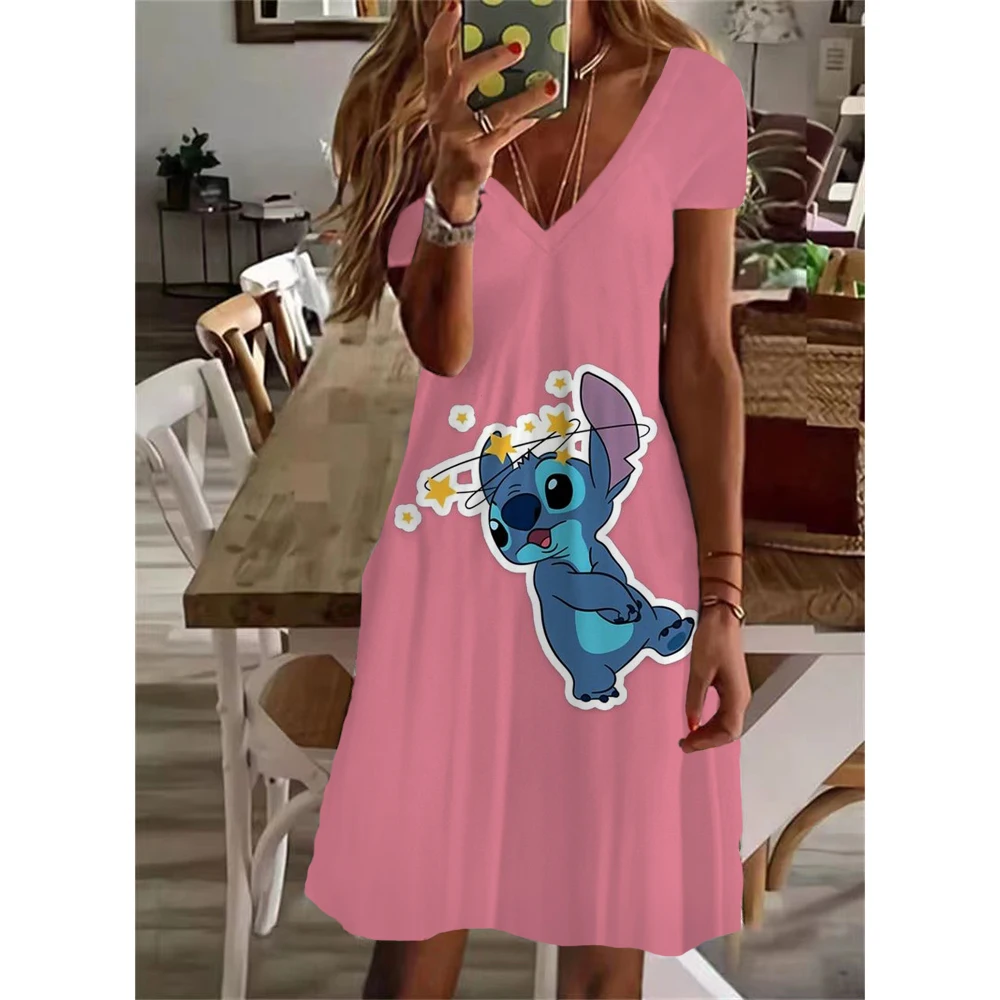 2024 Summer Women\'s Disney\'s Lilo & Stitch Print Dress Knee Length V Neck Female Casual Elegant Dress Fashionable Design New Y2K