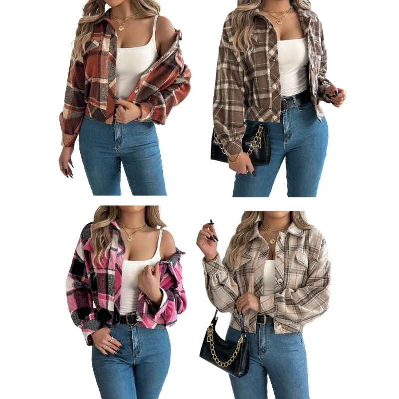 Womens Fashion Cropped Woolen Plaids Shacket Jackets Lapel Button Down Long Sleeve Loose Outerwear Coat with Faux Pocket