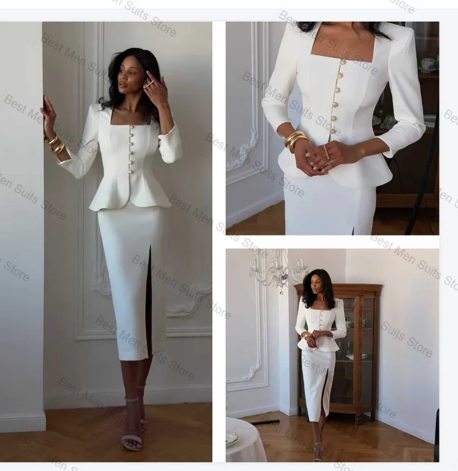 

White Women Suit Skirt Set 2Pcs Blazer+Midi Prom Dress Autumn Fall Formal Office Jacket Customized Wedding Tuxedos Cotton Coat