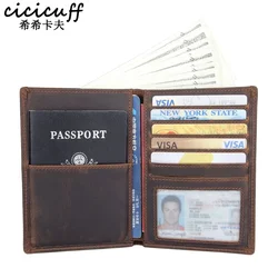 Passport Cover Genuine Leather Multi-function Credentials Bag Travel Wallet Unisex Cards Purse Ticket Holder Crazy Horse Leather