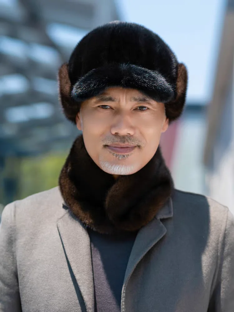2025 New Winter Warm Man Hat Fashion Ear Flap Patchwork Real Mink Fur Caps for Men