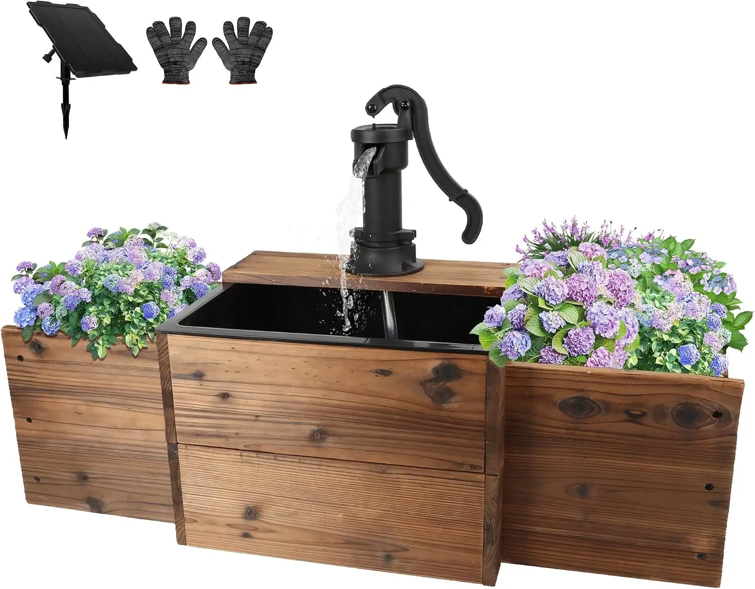 Outdoor Garden Patio Backyard Solar Rectangular Water Feature Wooden Hand Pump Flower Box Fountain