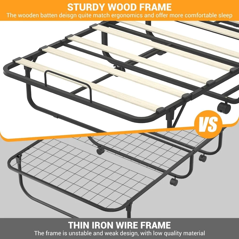 Folding Bed with Mattress, 75” x 38” Rollaway Bed for Adult, Portable Sturdy Folded Guest Bed on Wheels, Space Saving Foldable