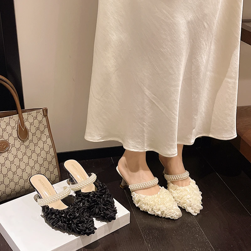 

2026 Spring French Pointed Toe Pearl Cool Drag Women Summer Stiletto High Heel Slippers