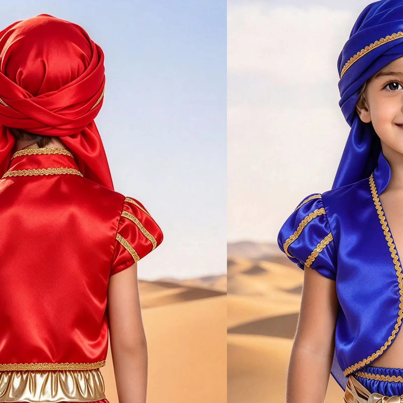 Kids Boys Arab Prince Vest Stand Collar Cap Sleeves Gold Braid Trim Asymmetrical Hem Waistcoat for Carnival Theme Party Show