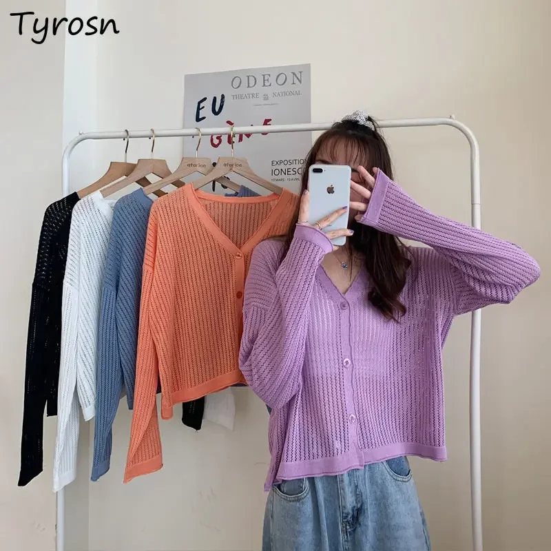 Summer Thin Knit Cardigan Women's Cozy V-Neck Knitted Casual Transparent Sweater Shirts Lady Simple Solid Outwear for Female