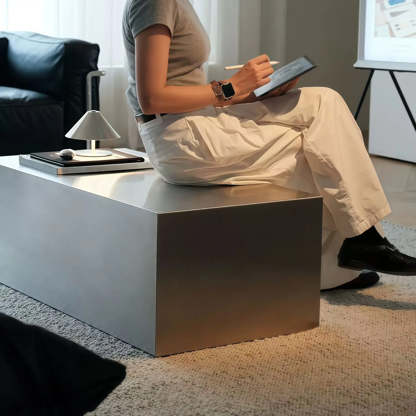 Bauhaus-style sofa and coffee table set for home use, suitable for living rooms, featuring a stainless steel coffee table, ideal