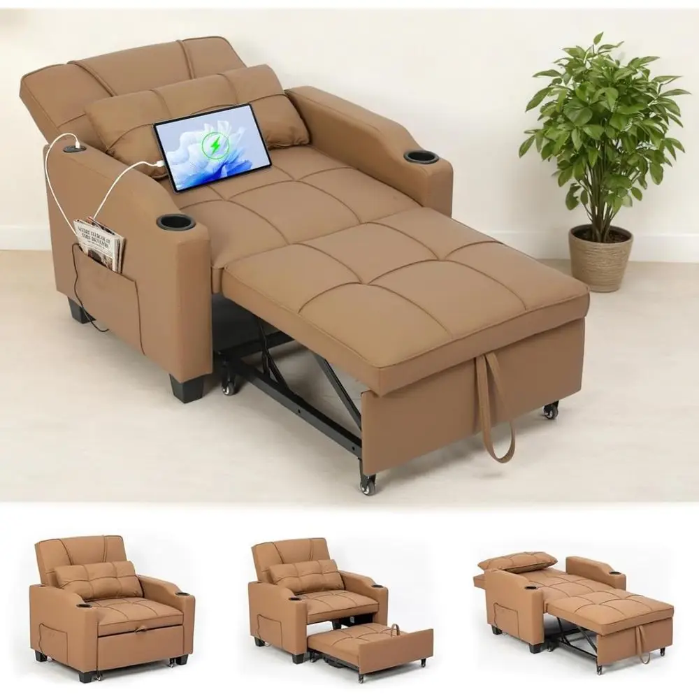 

Многофункциональный диван-кровать 4-в-1 с вибромассажем, USB/Type-C портами, подстаканниками для небольших помещений - коричневый