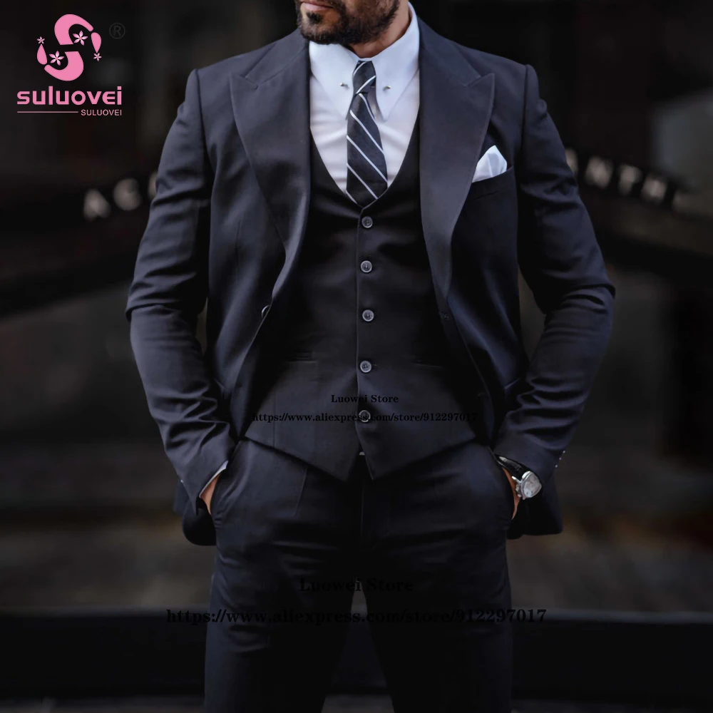 Fashion Big Peaked Lapel Suits For Men Slim Fit 3 Piece Jacket Vest Pants Set Office Business Blazer Formal Groom Wedding Tuxedo