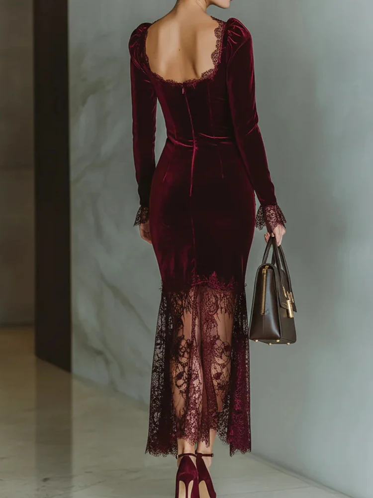 Quadratischer Kragen Herbst Winter Chic Maxikleid, Damen Urlaub Spitze Patchwork Mode Partykleid, Langarm rückenfreies Damenkleid