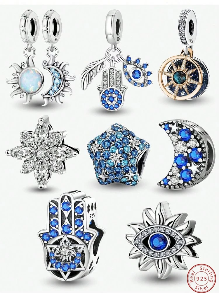 

925 Sterling Silver Fashion Classic Sun Moon Blue Series Charms Beads Fit for Women Bracelets DIY High Quality Fine Jewelry
