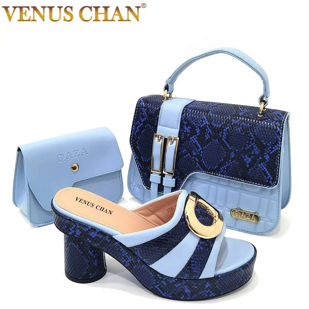 Venus Chan Italian Designed Snake Pattern Color Matching Platform Thick Soled Women\'s High Heels 3-Piece Set of Shoes and Bags