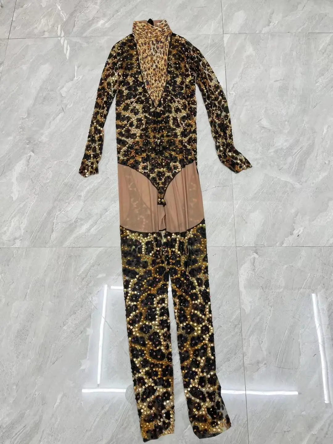 Mono de malla de leopardo con diamantes de imitación para mujer, traje de escenario para cantante, fiesta, club nocturno, Rave, Ropa de baile Gogo, Liebao