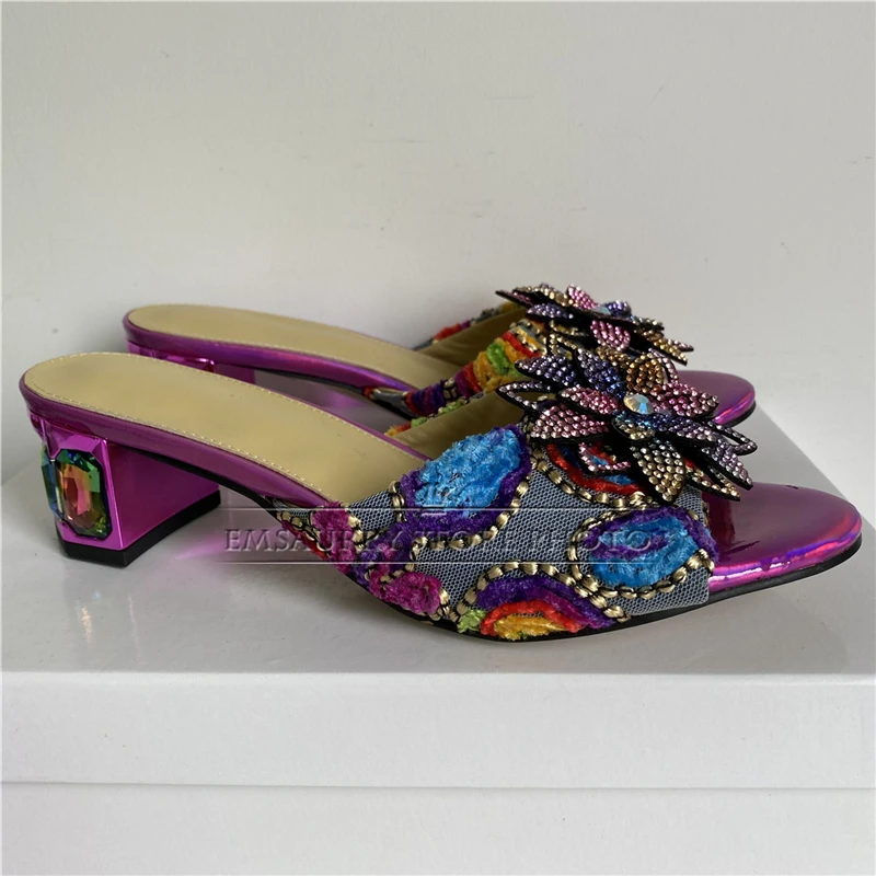 Colorful Embroidery Flower Air Mesh Sandals Women Luxury Diamond Crystal Heel Bling Decor Slingbacks Mules Summer