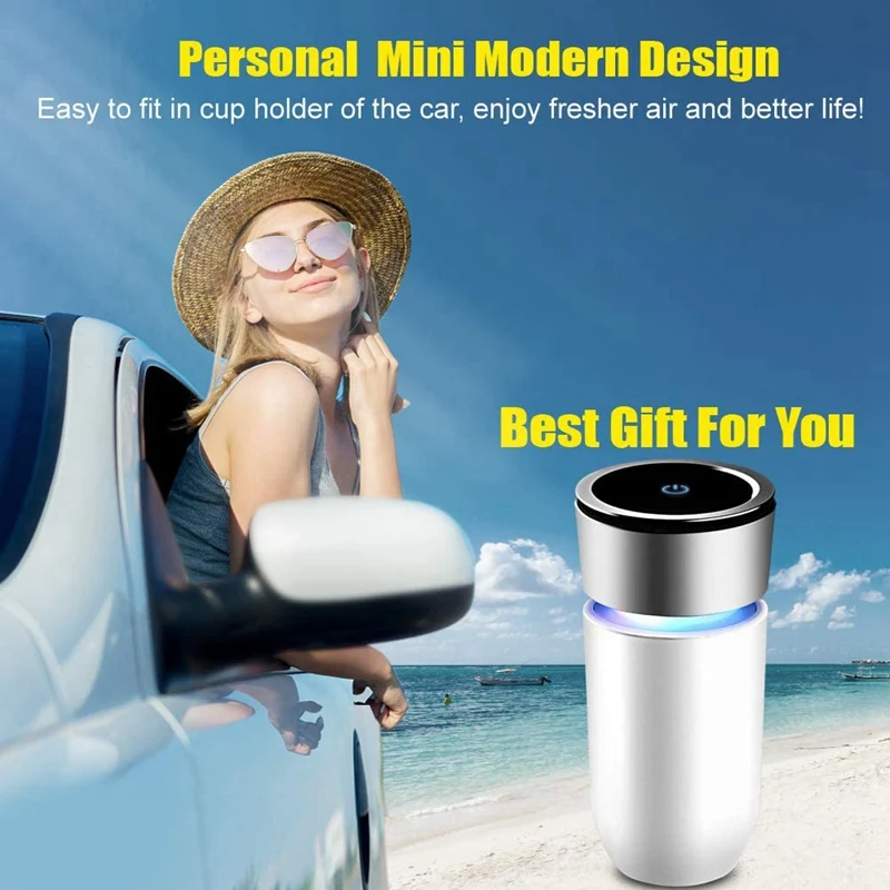 Personal Air Purifiers For Car With 5 Color LED Light, HEPA Filter For Allergies And Pets Hair Smoke,White