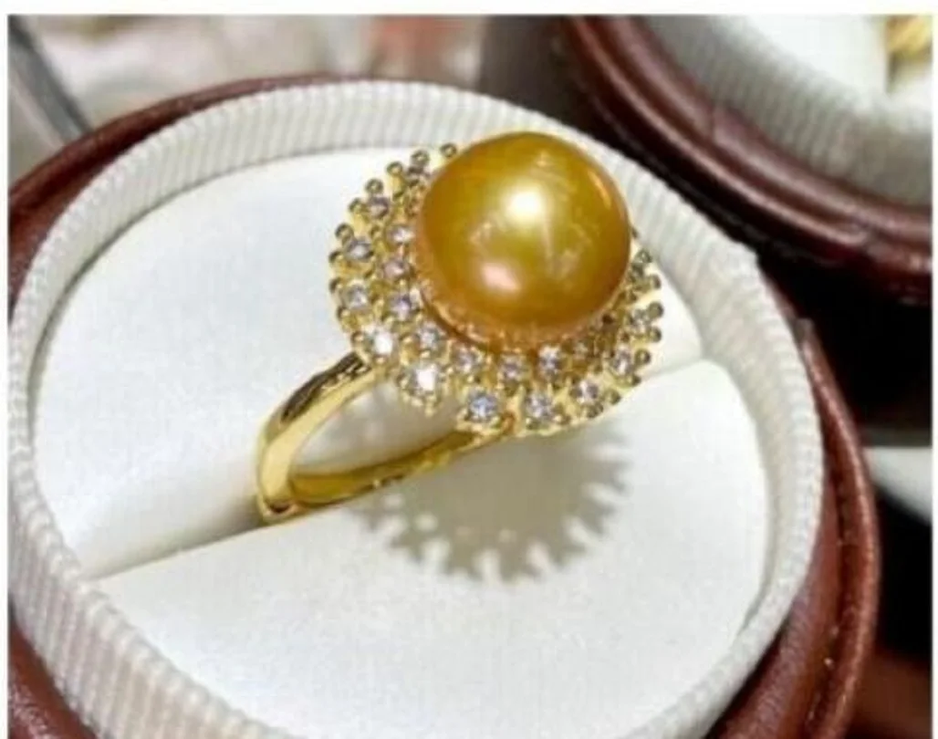 

New HUGE Gorgeous AAAAA11-10mmnatural round south sea golden pearl ring 925s