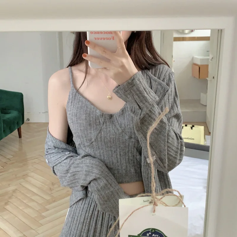 Sexy Stripes Cotton Three-Piece Pajamas Suit Women Spring and Autumn Long Sleeve Sling Trousers with Chest Pad Home Clothes